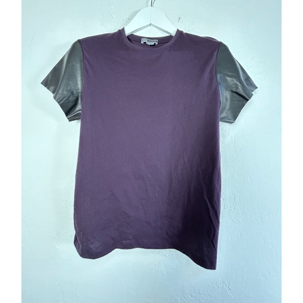 Vince Womens Crew Neck Purple T-Shirt with Gray Leather Short Sleeves Medium